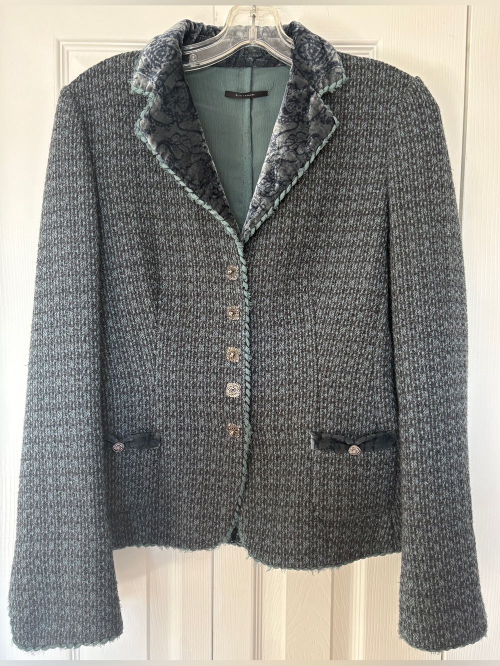 Elie Tahari Mixed-Media Wool Silk Tweed Blazer Jacket Velvet Trim Medium M